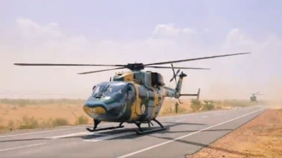 Helicopters of the army's Aviation Corps, landing on a highway strip in Jaisalmer in Rajasthan. (Image credit: Indian Army) Exercise Jai se Vijay’: Army Helicopters Turn NH-911 into Military Runway Near Pak Border Mission Ready