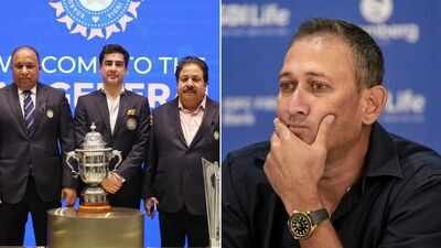 BCCI secretary Devajit Saikia, BCCI president Mithun Manhas, and BCCI vice president Rajeev Shukla (left), Ajit Agarkar BCCI to take call on Ajit Agarkar's future after AGM authorisation, confirms Rajeev Shukla
