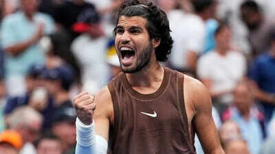Carlos Alcaraz, of Spain, celebrates winning a match against Roman Safiullin, of Russia. (AP Photo) ‘I felt great’: Carlos Alcaraz makes stunning US Open return after 139 days out with wrist injury