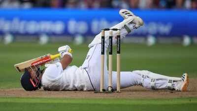 England's opener Emilio Gay reacts after hitting his knee with his bat during the third Test vs Pakistan at Edgbaston Cricket Ground, Birmingham, Britain, September 9, 2026. 15 vs 3.33: How struggling England side swept Pakistan 3-0