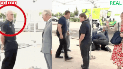 Left - Edited footage of King Charles featured in Trump's post on Truth Social (@realDonaldTrump) Right - Full footage of King Charles shared by The Royal Family Channel on YouTube Watch: Trump shares edited clip of King Charles walking away from fainting worker