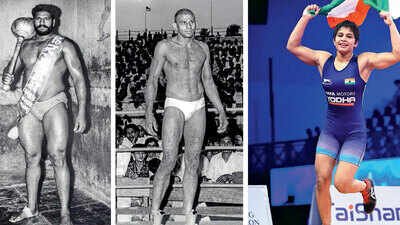 MUD TO METAL: 1962 Asiad gold winner Maruti Mane (L-R), the legendary ‘Master’ Chandgi Ram and Hangzhou bronze medallist Antim Panghal Grappling With Legacy: India wrestling faces a new test after generations of Asian Games glory