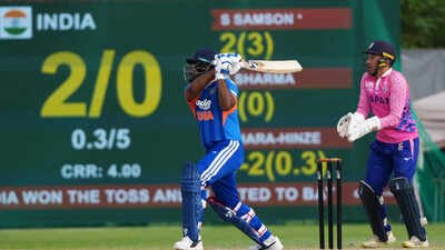 India's Sanju Samson, left, bats against Japan (AP/PTI) India survive huge Japan scare, win by two runs in historic T20I