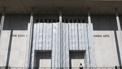 Construction scaffolding covered in front of the Kennedy Center US judge orders Kennedy Center to give 30-day notice before major changes, including demolition