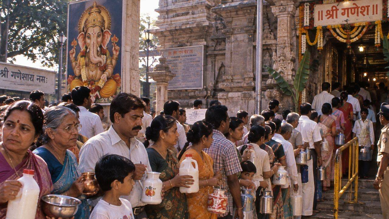 People queuing up in temples for offering milk to Lord Ganesha