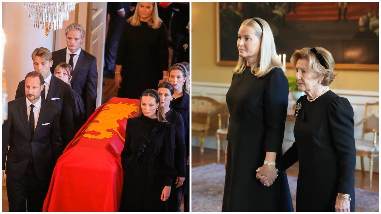 Queen Mette-Marit makes her first official appearance since becoming queen as she joins the solemn procession for late King Harald’s coffin, days after his death at 89.
