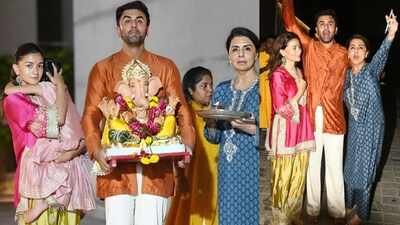 Ranbir Kapoor, Alia Bhatt, Neetu Kapoor perform Ganpati Visarjan, hide Raha's face while posing for the paparazzi, chant 'Ganpati Bappa Morya' - PICS inside
