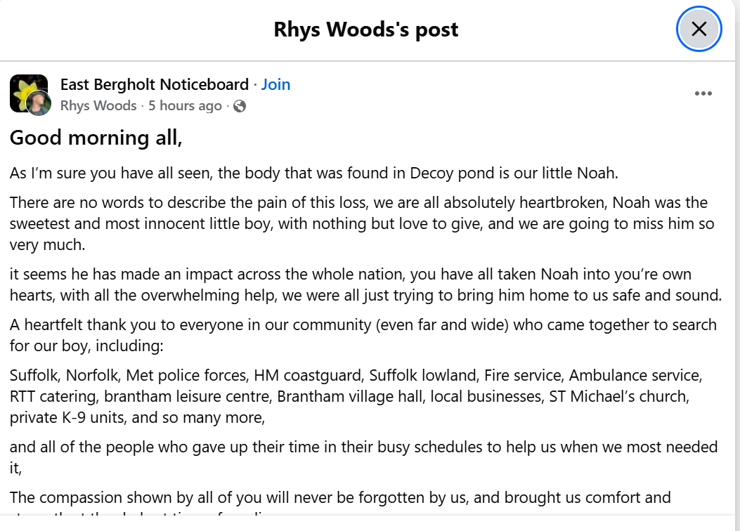 Rhys described Noah as “the sweetest and most innocent little boy” in a heartbreaking tribute.