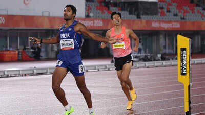 India's Tejaswin Shankar crosses the finish line to place first in the 1500m and win bronze in the men's decathlon. (Reuters Photo) Asian Games 2026: Tejaswin Shankar wins decathlon bronze after 1500m triumph