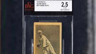 The card received a BVG grade of 2.5, described as Good+ In 1992, a Maryland woman bought her aunt's old piano for $25; a stuck pedal revealed more than 100 baseball cards, and 27 years later a 1916 Babe Ruth rookie sold for $130,054