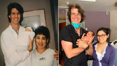 The two photographs, taken 25 years apart, captured the change in their relationship. In 1995, this American doctor delivered a baby girl; 25 years later, he delivered her son at the same hospital; when the viral doctor-patient reunion happened