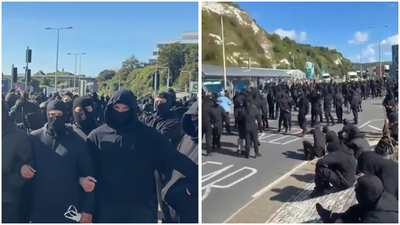 Masked protesters disrupt traffic at Britain's busiest ferry port in Dover, UK ‘Stop the boats’: Masked men block roads to Dover port in anti-immigration protest