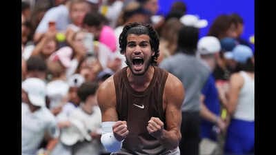 Carlos Alcaraz, of Spain, celebrates winning a match against Roman Safiullin, of Russia, during the first round of the U.S. Open tennis championships, Monday, Aug. 31, 2026, in New York. (AP Photo/Sydney Schaefer) Carlos Alcaraz makes winning US Open return after wrist injury: ‘I had more nerves than usual’