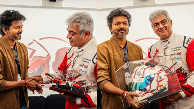 Vijay and Ajith Kumar reunite at Silverstone: The ‘Jana Nayagan’ star gifts miniature race car, while Ajith returns the gesture with a signed helmet