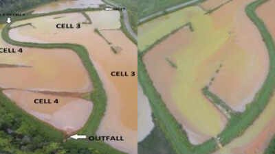 Visual observations indicated a retention time of about 61 minutes in Cell 3 and 66 minutes in Cell 4. In 2019, US researchers added fluorescent dye to a Pennsylvania mine-water wetland and flew 12 drone missions; a system designed for 29-hour retention held water for only 4.65 hours