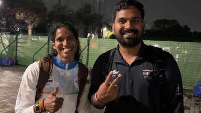 Vithya Ramraj with her coach Nehpal Singh ‘She can go sub-54’: After breaking PT Usha’s 42-year-old record, Vithya Ramraj’s coach sets new target
