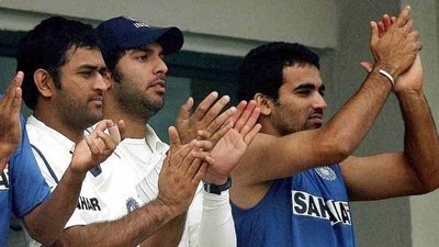 Zaheer Khan with MS Dhoni and Yuvraj Singh back in the day. (AFP) Zaheer Khan with MS Dhoni and Yuvraj Singh back in the day. (AFP)