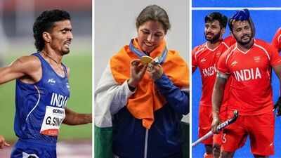 Gulveer Singh (left), Neeru Dhanda looks at her gold medal (c), and Harmanpreet Singh celebrates after scoring a goal during the men's final hockey From hockey and cricket gold to Mirabai Chanu's weightlifting silver: Full list of India's 85 medal winners at Asian Games
