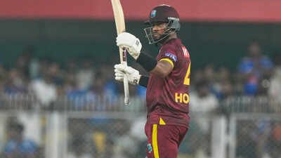 West Indies' captain Shai Hope celebrates his century (AP Photo) ‘Great man MS Dhoni’: Shai Hope reveals advice from ex-India captain that helped him script record chase