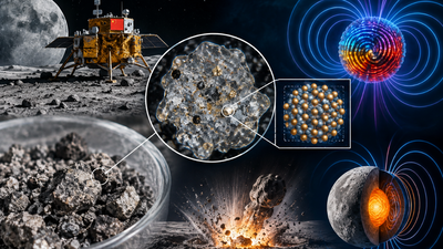 Representative Image (AI-generated) Chang’e-6 soil from the Moon’s far side contained a form of metallic iron never seen before in natural lunar samples; trapped in tiny impact-glass grains, it may preserve a record of the Moon’s lost magnetic field