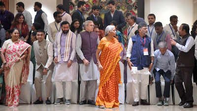 Union finance minister Nirmala Sitharaman with Jammu and Kashmir chief minister Omar Abdullah, Haryana chief minister Nayab Singh Saini, Karnataka chief minister DK Shivakumar, Delhi chief minister Rekha Gupta, state finance ministers and other dignitaries during the 57th Goods and Services Tax (GST) Council Meeting Centre, states to work on widening GST base