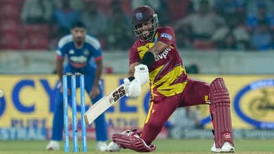 West Indies' Shai Hope plays a shot during the fourth T20I cricket match of a series between India and West Indies, in Hyderabad, Telangana. (PTI Photo) 'India need to get Shai Hope out': Nayar suggests change in tactics against Windies skipper