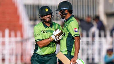 Pakistan's Salman Ali Agha, left, celebrates with Hasan Nawaz (AP/PTI) Salman Ali Agha joins elite list featuring MS Dhoni, Yuvraj Singh with record ODI feat