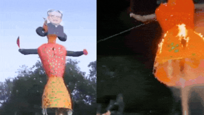 'Vote Chori Ki Raasleela’: Youth Congress burns Ravan effigy with Gyanesh's face - watch