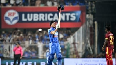 Shubman Gill after reaching his double century against West Indies in the second ODI. (ANI Pic Service) Shubman Gill after reaching his double century against West Indies in the second ODI. (ANI Pic Service)