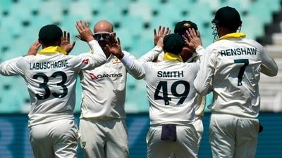 Nathan Lyon, center, celebrates with his teammates after dismissing South Africa captain Temba Bavuma. (AP) Nathan Lyon, center, celebrates with his teammates after dismissing South Africa captain Temba Bavuma. (AP)