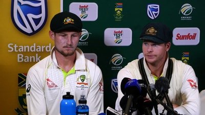 Cameron Bancroft and Steve Smith after the Sandpapergate. (X Images)