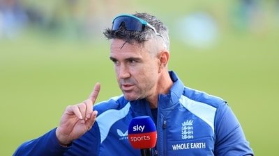 England mentor Kevin Pietersen being interviewed. (Nigel French/PA via AP)