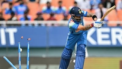 Virat Kohli's stumps were knocked over by Jayden Seales. (AFP) Virat Kohli's stumps were knocked over by Jayden Seales. (AFP)
