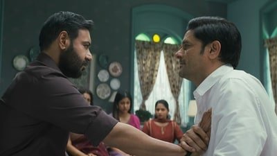Drishyam 3 box office collection day 13: A still from Drishyam 3 with Ajay Devgn and Jaideep Ahlawat.