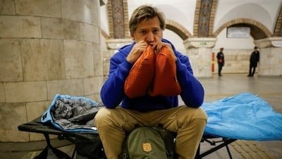 Nikolaj Coster-Waldau at a makeshift bomb shelter in Kyiv.
