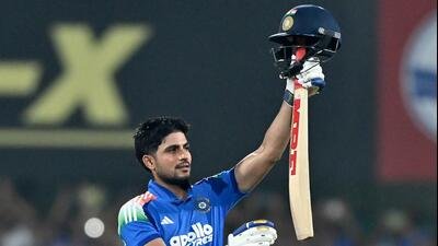 India's captain Shubman Gill celebrates after scoring a double ton against West Indies. (AFP)