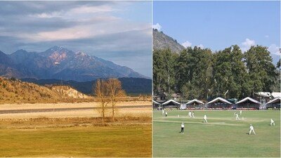 The natural ground (L) in Akhnoor where Sunil Kumar practiced and the Sher-I-Kashmir stadium in Srinagar (R). (Sunil Kumar / Waseem Andrabi - Hindustan Times) The natural ground (L) in Akhnoor where Sunil Kumar practiced and the Sher-I-Kashmir stadium in Srinagar (R). (Sunil Kumar / Waseem Andrabi - Hindustan Times)