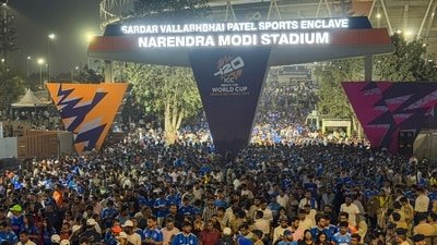 Fans congregate outside the Narendra Modi Stadium in Ahmedabad. (PTI)
