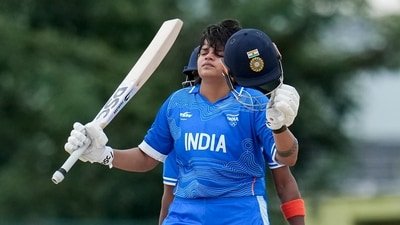 India Shafali Verma celebrates her century during the second semifinal T20I against Bangladesh at the Asian Games 2026. (PTI)