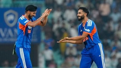 India's Naman Dhir (R) celebrates with Arshdeep Singh after taking the wicket of West Indies' Romario Shepherd during the first T20I against West Indies, in Lucknow. (PTI) India's Naman Dhir (R) celebrates with Arshdeep Singh after taking the wicket of West Indies' Romario Shepherd during the first T20I against West Indies, in Lucknow. (PTI)