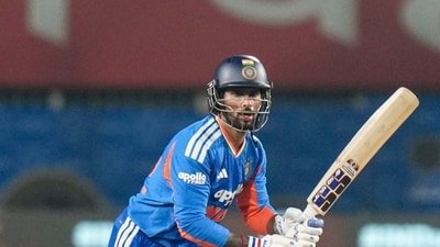 Tilak Varma plays a shot during the second T20I cricket match. (PTI) Tilak Varma plays a shot during the second T20I cricket match. (PTI)