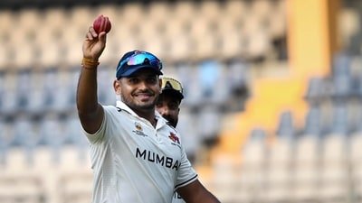 Tushar Deshpande celebrates after taking five wickets during a Ranji Trophy cricket match between Mumbai and Chandigarh. (PTI)