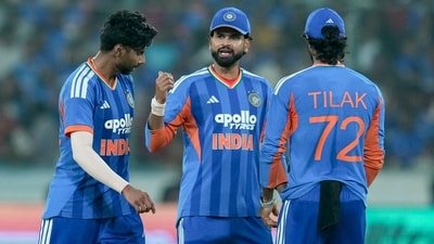 From left, India's Mayank Yadav, captain Shreyas Iyer and Tilak Varma during the fourth T20I cricket match of a series between India and West Indies, in Hyderabad (PTI) From left, India's Mayank Yadav, captain Shreyas Iyer and Tilak Varma during the fourth T20I cricket match of a series between India and West Indies, in Hyderabad (PTI)