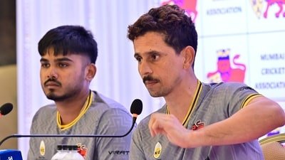 Siddhesh Lad, captain of Mumbai, and vice-captain Ayush Mhatre address the pre-season press conference organized by the Mumbai Cricket Association at Wankhede Stadium ahead of the 2026-27 Ranji Trophy season, in Mumbai, India. (Anshuman Poyrekar/HT Photo)