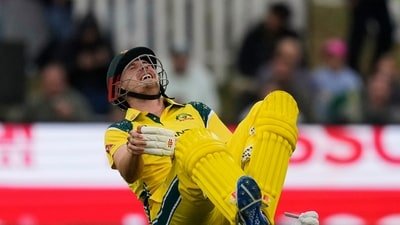 Cameron Green reacts after being hit by a ball during the third ODI between South Africa and Australia. (AP Photo/Themba Hadebe)