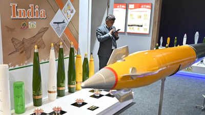 A Pinaka ER rocket and various artillery ammunition shells are displayed at the Munitions India Limited company exhibition stand during the DSEI trade show in London India exported over $850m worth of weapons to Europe since start of Ukraine-Russia war