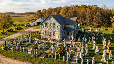PC: AI Generated A Wisconsin dairy farmer sprained his ankle and began sculpting; 15 years later, Nick Engelbert had transformed his farmhouse into Grandview, with over 40 statues and colourful decorations
