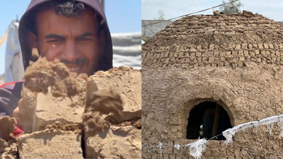 After losing their home in Gaza, a Palestinian potter turned clay into dome-shaped shelter for his parents as shortages of cement and steel stall reconstruction