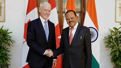 NSA Ajit Doval, right, during a meeting with senior Diplomatic and International Affairs Advisor to the Prime Minister of Canada, David Morrison, in New Delhi. Amid Canada trade talks, NSAs discuss security coop