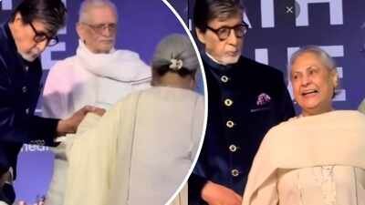 Amitabh Bachchan plays the doting husband; helps Jaya Bachchan on stage at book launch event with Gulzar- WATCH